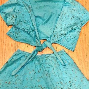 Fun Sofi Turquoise Girls Skirt & Wrap Top Cotton Outfit w/silver splashes, sz 6
